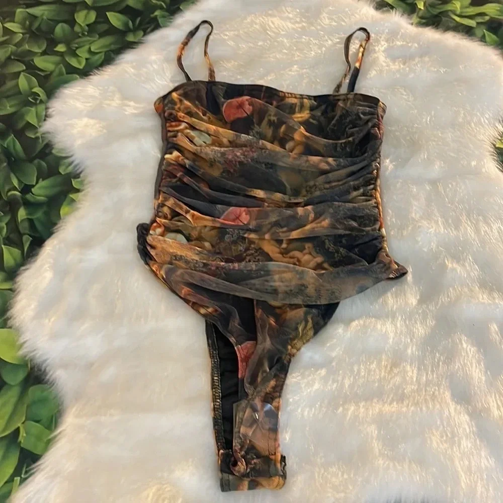 Plt Shape Brown Renaissance Print Mesh Ruched Thong Bodysuit - Picture 7 of 12